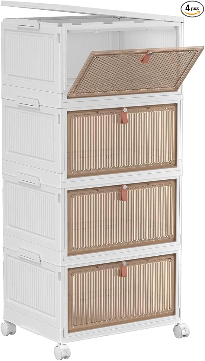 YFXCVSL 4 Tier Plastic Storage Bins with Lid 28QT - Stackable Storage Containers with Wheels, Folding Storage Boxes, Collapsible Storage Bins, Organizers and Storage