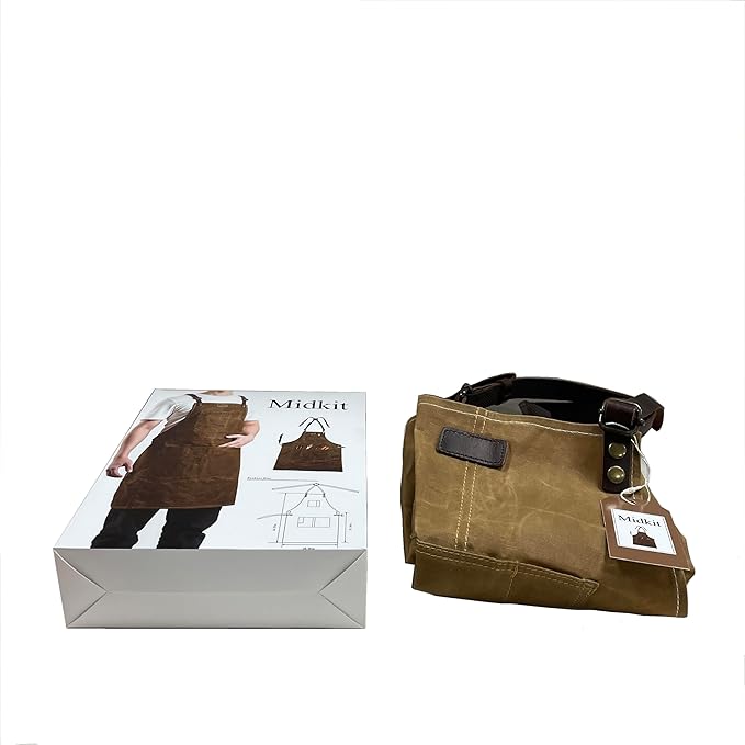 Midkit Utility Apron Adjustable Cross-Back Straps Multi-Use Portable 8oz Waxed Canvas Aprons With 5 Tool Pockets Fits M- 3XL