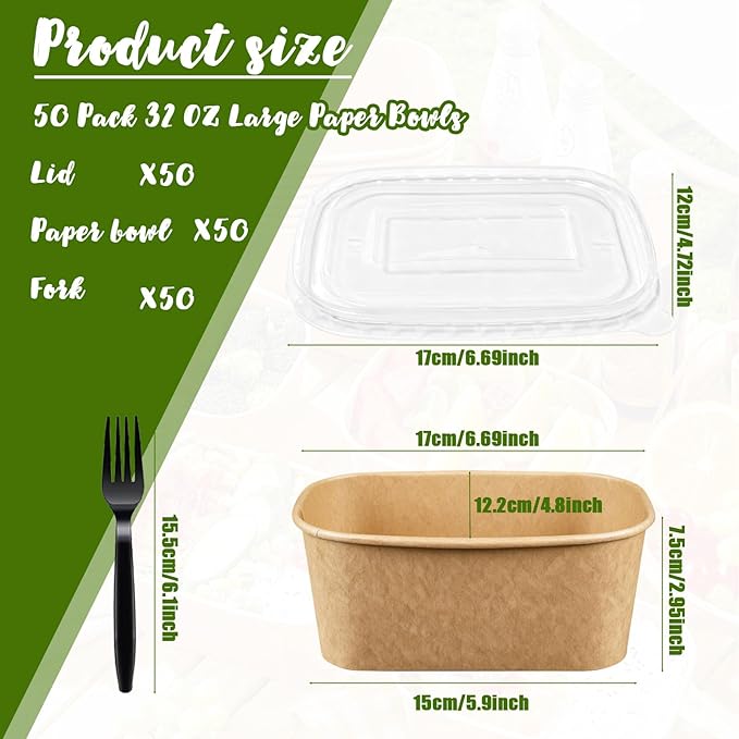 TINSKY 50 Pack 32 Oz Large Paper Bowls with Lids and Forks, Cardboard Take Out To Go Meal Prep Containers Disposable Compostable Food Containers for Party