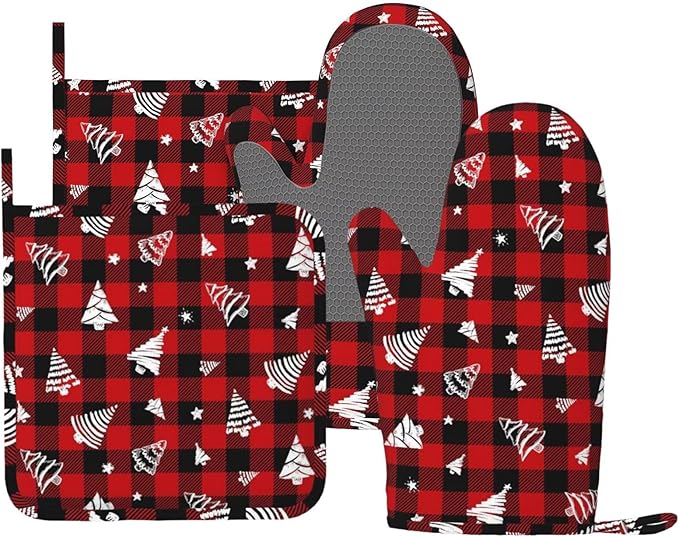 Red Gingham Plaid Christmas Tree Oven Mitts and Pot Holders Set, 4pcs Silicone Oven Glove for Kitchen Heat Resistant Oven Mitts and Potholders Non-Slip for Cooking