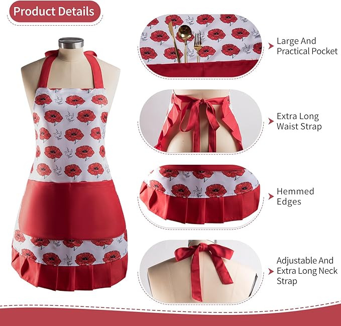 Vintage Floral Apron for Women with Functional Pockets Adjustable Neck Strap for Cooking Baking Mother's Gift