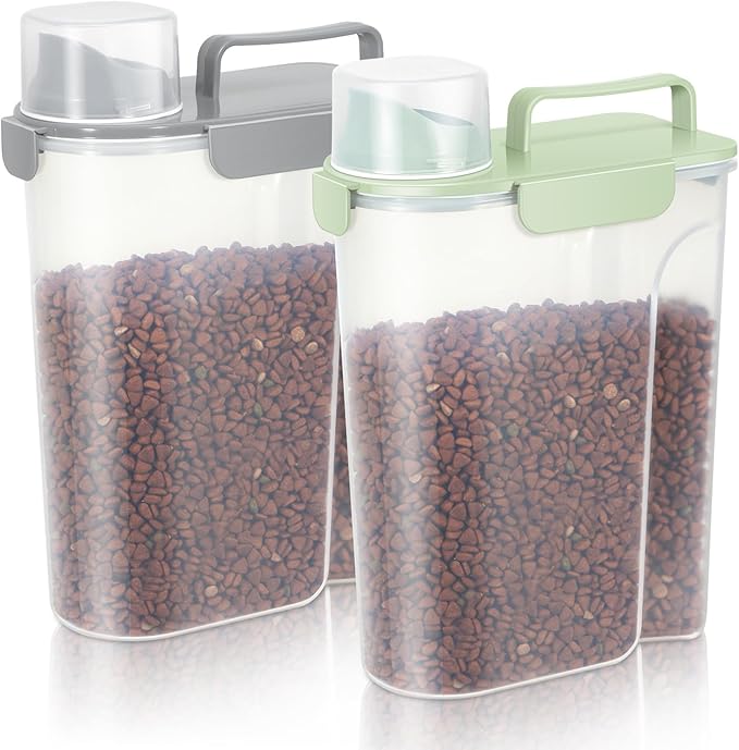 LEAWALK 5-7Lbs Dog Cat Food Storage Container with Upgraded Large Nozzle BPA-free, 4 Snap Seals Plastic Pet Food Storage Containers with Handles (Light Green+Light Gray, 5L-2pack)