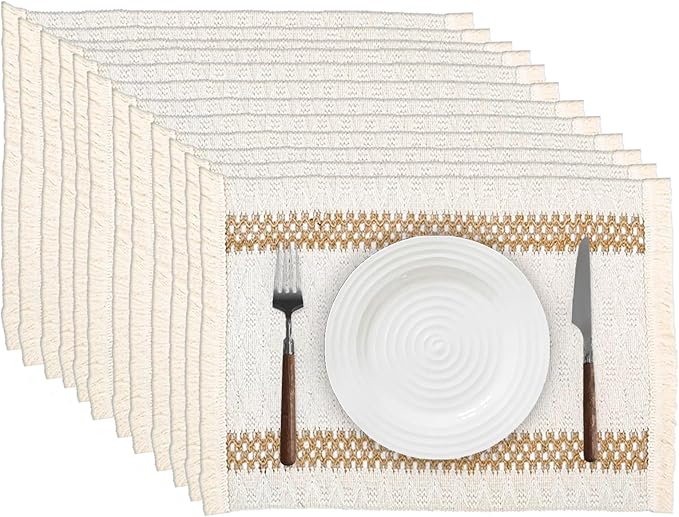 Niviy Boho Placemats Set of 12, 12x18 Inch Natural Cotton Burlap and Kitchen Woven Placemats with Tassels for Dining Table Centerpiece Thanksgiving Home Decorations