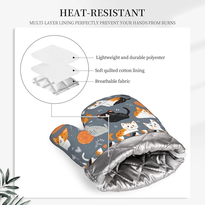 Grey Cat Silicone Oven Mitts Set of 2, Heat Resistant up to 500°F, Kitchen Oven Gloves with Non-Slip Grip and Soft Cotton Lining for Baking, Cooking and BBQ
