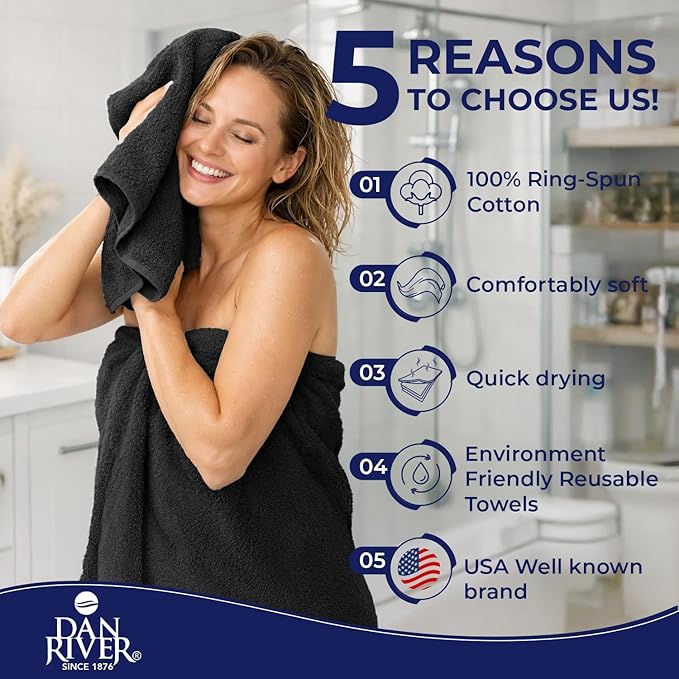 DAN RIVER 8 PC Luxury Bath Towels for Bathroom, 2 Bath, 2 Hand, and 4 Wash Cloths, 600 GSM 100% Ring Spun Cotton Towel Set, Highly Absorbent, Gym, Hotel, and Spa, Black