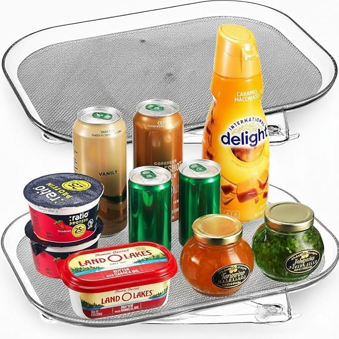 Oizeir Refrigerator Lazy Susan (2PK) - Clear Rectangular Fridge Organizer - Turntable Tray Lazy Susan for Refrigerator - Cabinet & Pantry Organizer - Smooth 360° Rotating Swivel Spinning Fridge Shelf