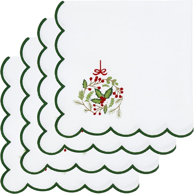 PurpleEssences Scalloped Embroidery Cloth Napkins - Spring Easter Summer - Table Decor - 100% Cotton - Set of 4-18x18 inch - White - Edges - Forest Green - Christmas Wreath