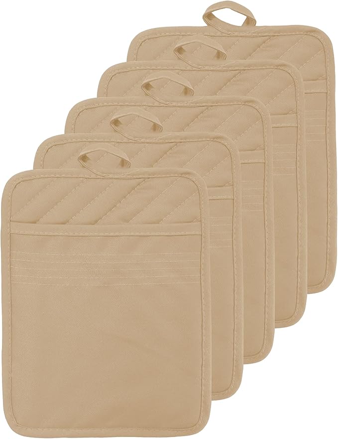 Oven Pot Holder with Pocket Cotton Heat Resistant Coaster Potholder Kitchen Hot Pad Oven Mitts for Cooking Square 7"x9"Set of 5 (Khaki)