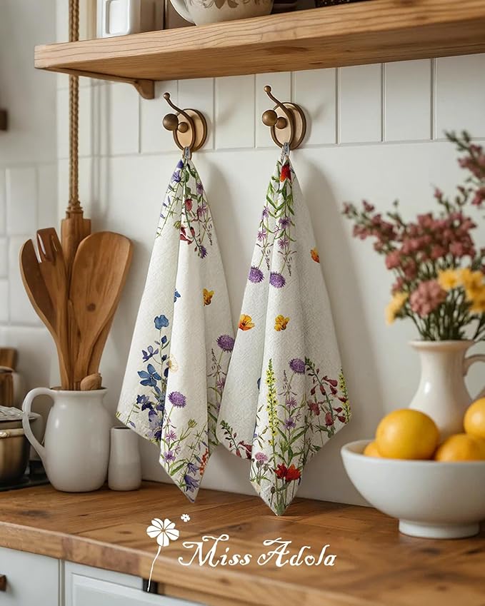 Miss Adola Flour Sack Kitchen Towels - Set of 2 Cotton Dish Towels with Hanging Loop Decorative 18x26 Inch Absorbent Cute Design for Housewarming Gifts, Floral Leaf