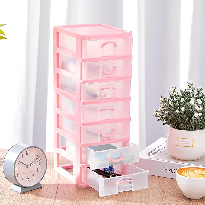 Thyle 2 Pcs Plastic Drawers Organizer Mini Organizer Stackable Plastic Clear Drawer Storage Box Containers Storage Units for Desktop Classroom Craft 6.7 x 4.9 x 13.4 inches(Pink)