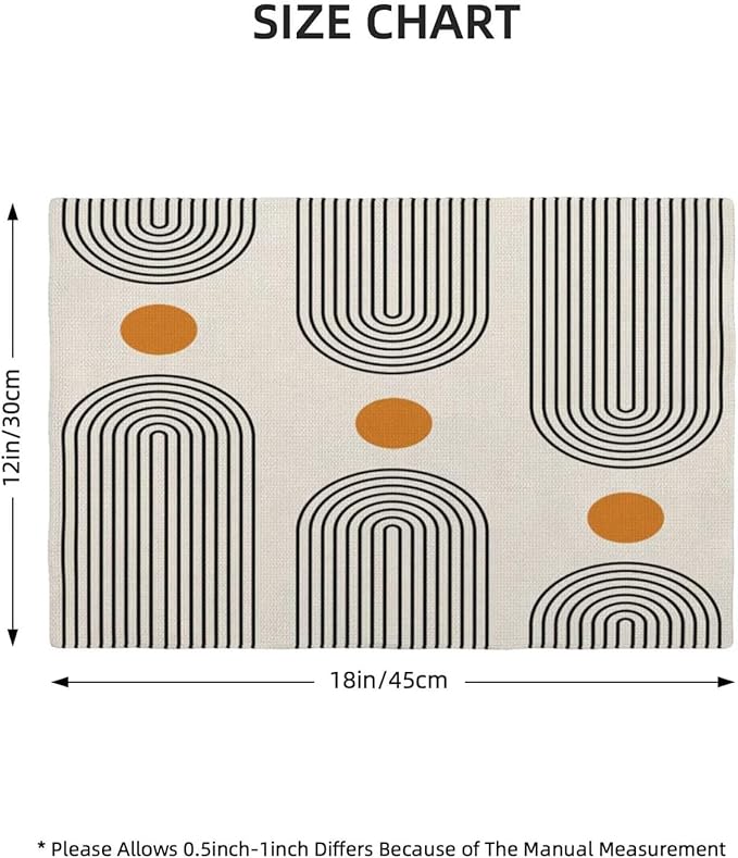 Boho Mid Century Placemats 12x18 Inch Set of 6, Abstract Simple Sun Arch Pattern Table Place Mat Boho Modern Yellow Spot Washable Table Mats Decorative Linen Fabric Table Mat for Dining Table