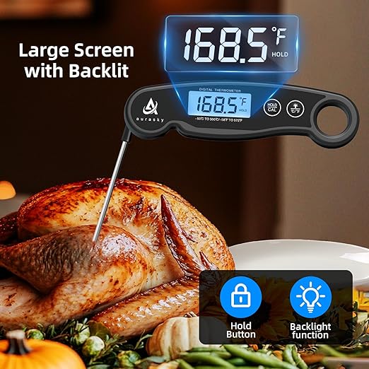 Instant-Read Meat Thermometer Digital for Cooking and Grilling, Waterproof Food Thermometer with Backlight, Calibration & Hold Function for Kitchen, BBQ, Deep Fry, Candy, Liquid (Black)