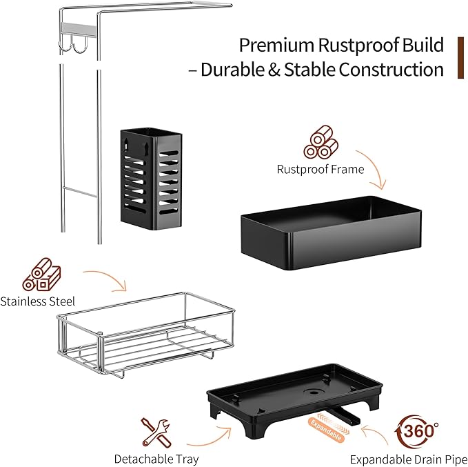 MOUKABAL Sponge Holder for Kitchen Sink, 2-Tier Sink Caddy Organizer with Drain Holes and Hooks, Holds Dishcloth, Sponge & Brushes, Kitchen Countertop Storage for New Home Essentials Black