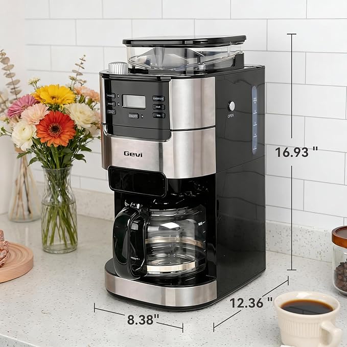 Gevi 10-Cup Drip Coffee Maker with Burr Grinder | Programmable Timer, 1.5L Water Tank, Reusable Filter, Warming Plate, All-in-One Brew & Grind Coffee Machine