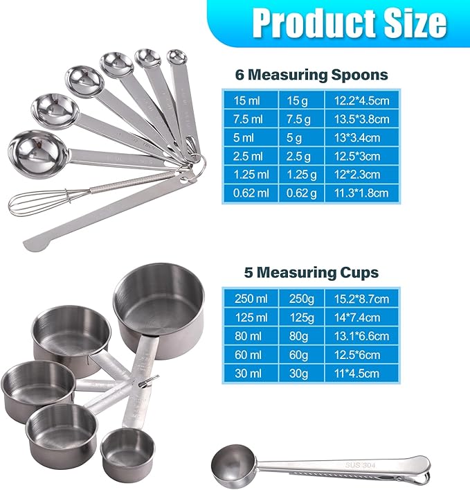 14 Piece Measuring Cups and Spoons Set Stainless Steel - 5 Nesting Measuring Cups & 6 Measuring Spoons, 1 Coffee Scoop & 1 Leveler & 1 Mini Blender for Cooking Baking