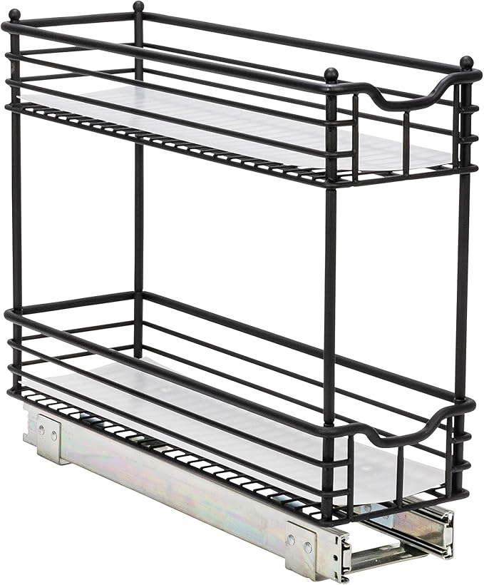Household Essentials Glidez Multipurpose Paint-Finished Steel Pull-Out/Slide-Out Storage Organizer with Plastic Liners for Under Cabinet Use - 2-Tier Design, Black