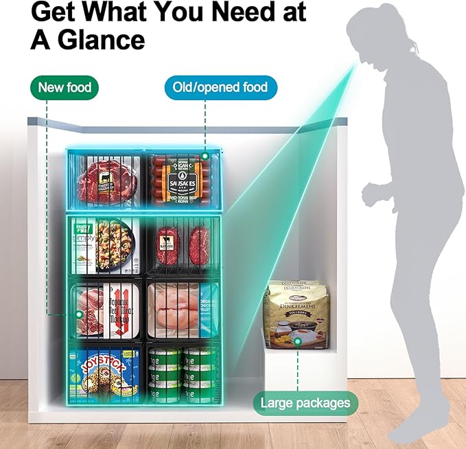 MSERCUOR Freezer Organizer Bins, 4 Pack Stackable Deep Chest Freezer Organizer Bins, Foldable Baskets with Handles, Black Storage Container Baskets for 5/ 7 Cu.FT Deep Freezer Sort Frozen Meats