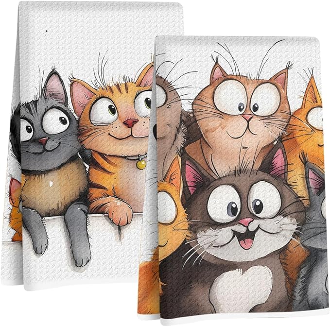 Jztco 2 Pcs Cute Cat Kitchen Towels, Cats Soft Absorbent Hand Tea Towel, Microfiber Dish Cloths for Drying Dishes, Waffle Dish Towels for Kitchen Bathroom Decor, Cat Lover Gifts for Women Mom Grandma
