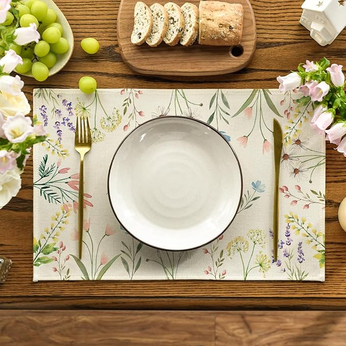 Artoid Mode Flowers Floral Summer Placemats Set of 4, 12x18 Inch Seasonal Spring Table Mats for Party Kitchen Wedding Dining Decoration