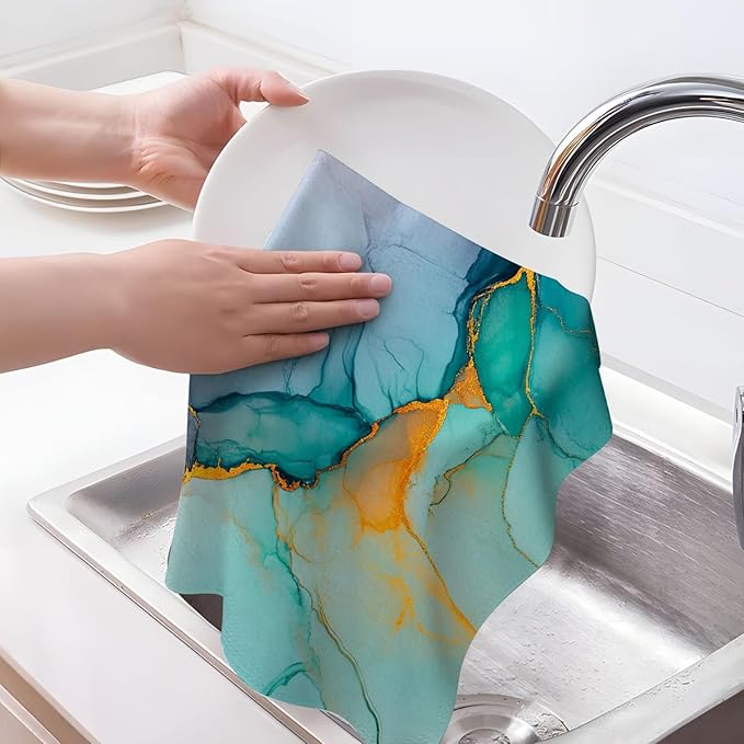 Teal Gold Kitchen Towel Set of 4 Soft Absorbent Marble Texture Turquoise Decorative Hand Towels Abstract Modern Dish Towels for Kitchen Drying Farmhouse Home Decor 16"x24"