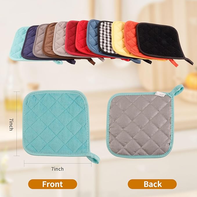 5 Pack Pot Holders for Kitchen Easy-Care Cotton Machine Washable hot Pads for Kitchen for Cooking and Baking Oven Blue-Green