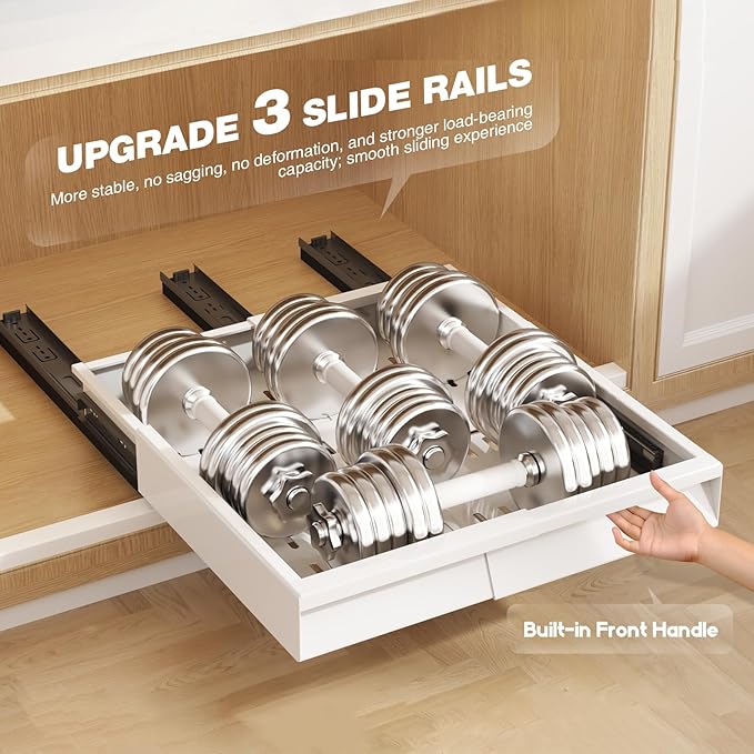 Seinloes 2 Pack Pull Out Cabinet Organizer With Raising Pad for Framed Cabinets,Expandable Width (11"-16") and Depth (13"-17"),3 Slide Rails Slide Out Drawers with Handle,No-Drill Roll Out Shelf,White