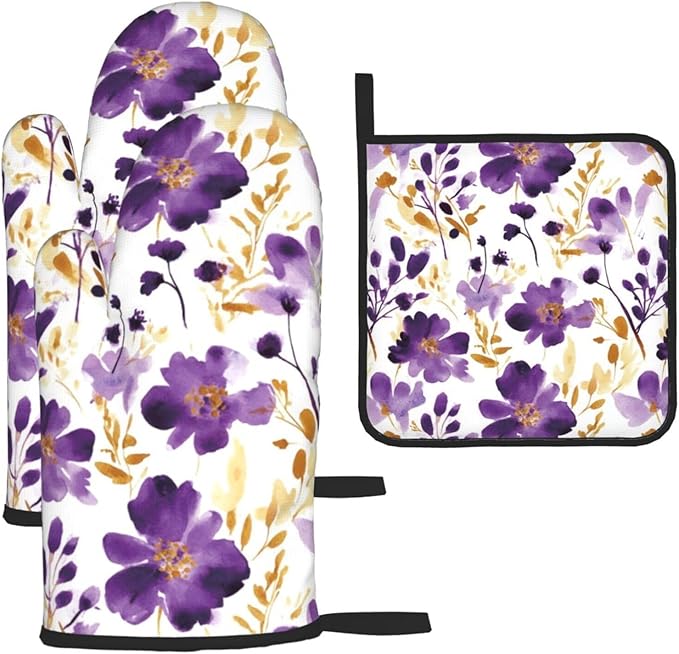 Spring Purple and Gold Floral Oven Mitts and Pot Holders Sets of 3, Non-Slip Heat Resistant Watercolor Flower Design Kitchen Gloves, Gifts for Women Cooking, Elegant Kitchen Decor for Baking Cooking