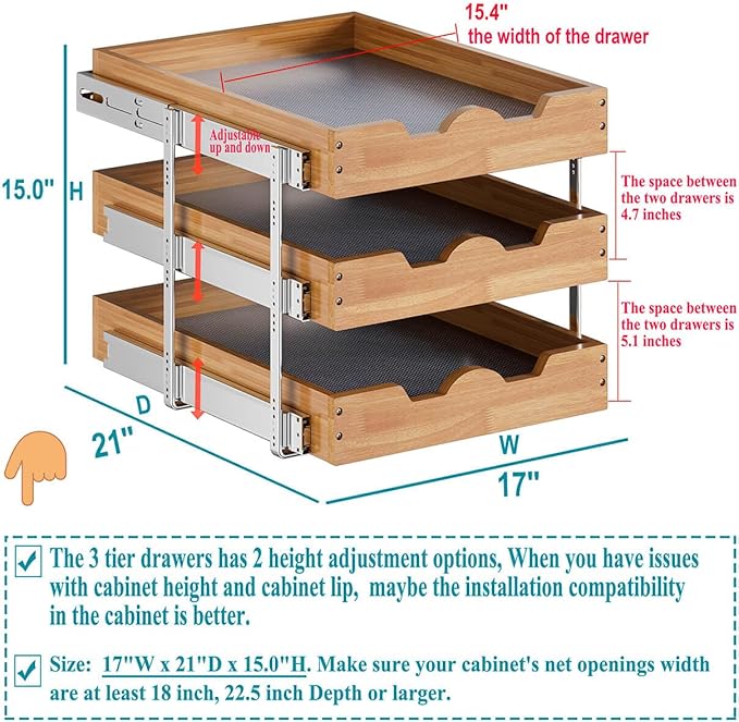 OCG Pull Out Cabinet Drawer 17" W x 21" D, 3 Tier Pull Out Cabinet Organizer, Heavy-Duty Slide Out Drawer for Cabinets, Organization for Kitchen, Pantry, Bathroom