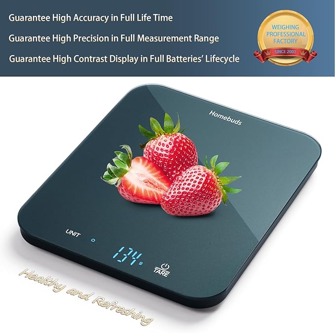 Homebuds Food Scale, 33lb/15kg Digital Kitchen Scale, Weight Grams and Ounces in 1g/0.1oz Precision for Baking and Cooking, LED Display, 3*AAA Batteries Included, Tempered Glass, Blue