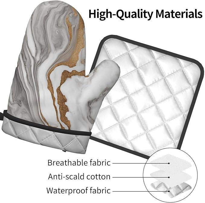 Beautiful White Gray Marble Oven Mitts and Pot Holders Heat Resistant Oven Mitts Safe for Baking Cooking BBQ