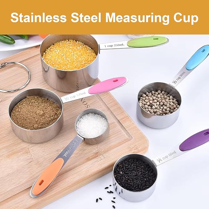 Stainless steel measuring cup set, consisting of 8 cups, suitable for cooking and baking.
