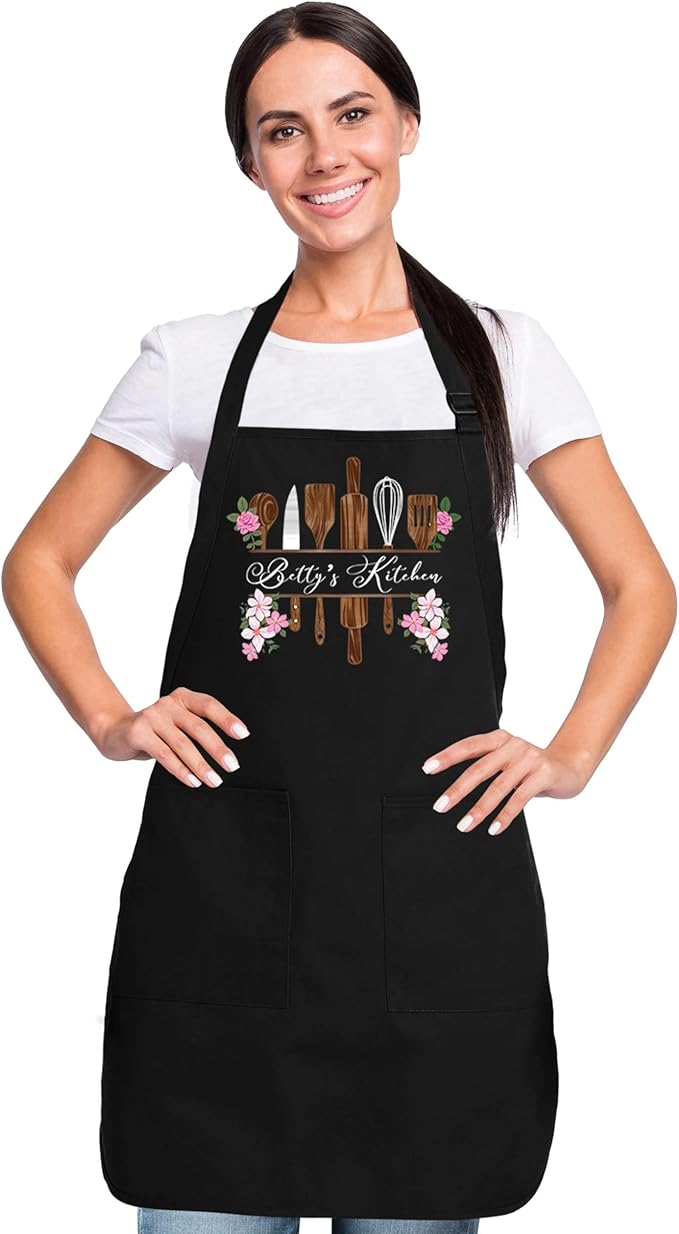 shop4ever Personalized Pink Floral Kitchen Apron with Name – Custom Cooking & Baking Apron with Pockets, Adjustable Fit, Bakers, Chefs, Women (Black)
