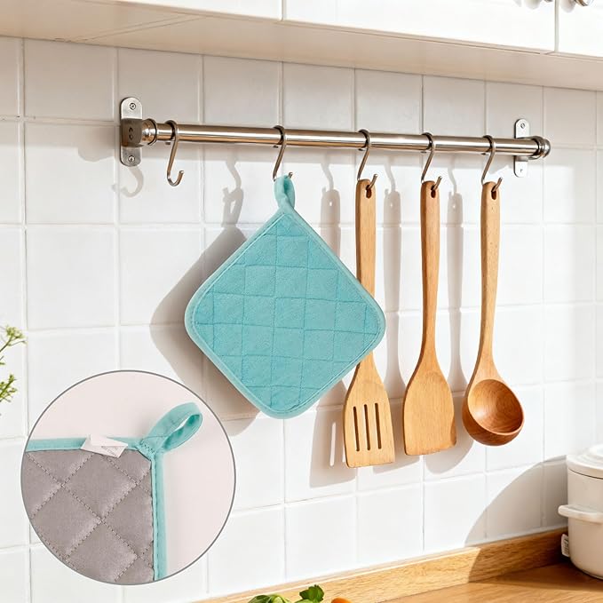 5 Pack Pot Holders for Kitchen Easy-Care Cotton Machine Washable hot Pads for Kitchen for Cooking and Baking Oven Blue-Green