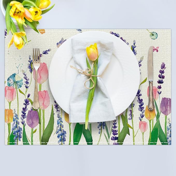 Niviy Tulip Lavender Butterfly Spring Placemats Set of 4, Seasonal Holiday Summer Table Mats for Home Party Kitchen Dining Room Decoration 12x18 Inch
