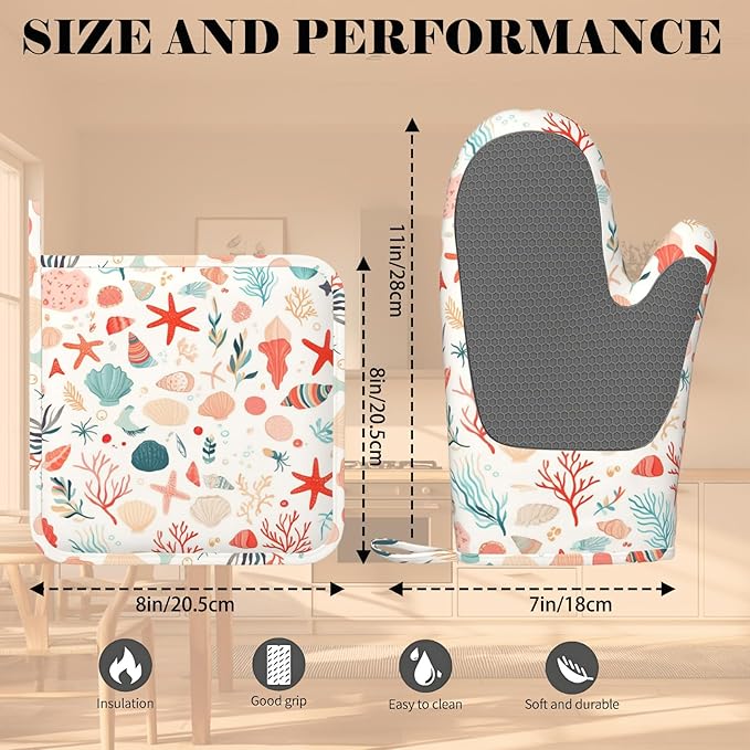 Cartoon Starfish and Shells Oven Mitts and Pot Holders Sets Silicone Kitchen Mitts Potholders Heat Resistant Oven Gloves Hot Pads for Kitchen Baking Cooking BBQ