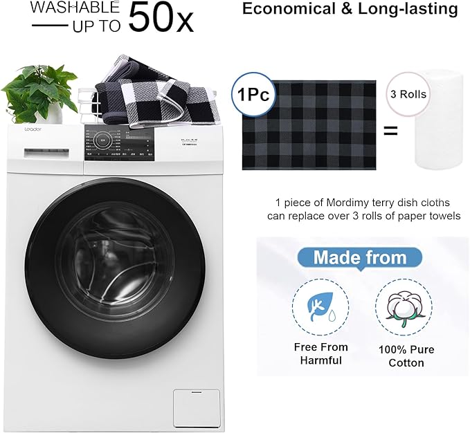 Mordimy 100% Cotton Waffle Weave Kitchen Towels, 20 x 28 Inches, Super Soft and Absorbent Buffalo Check Large Dish Towels for Drying Dishes, 4-Pack, Black & Grey
