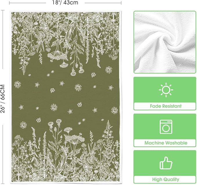 Artoid Mode Green Antique Herbs Wild Flowers Leaves Spring Kitchen Towels Dish Towels, 18x26 Inch Seasonal Decoration Hand Towels Set of 2