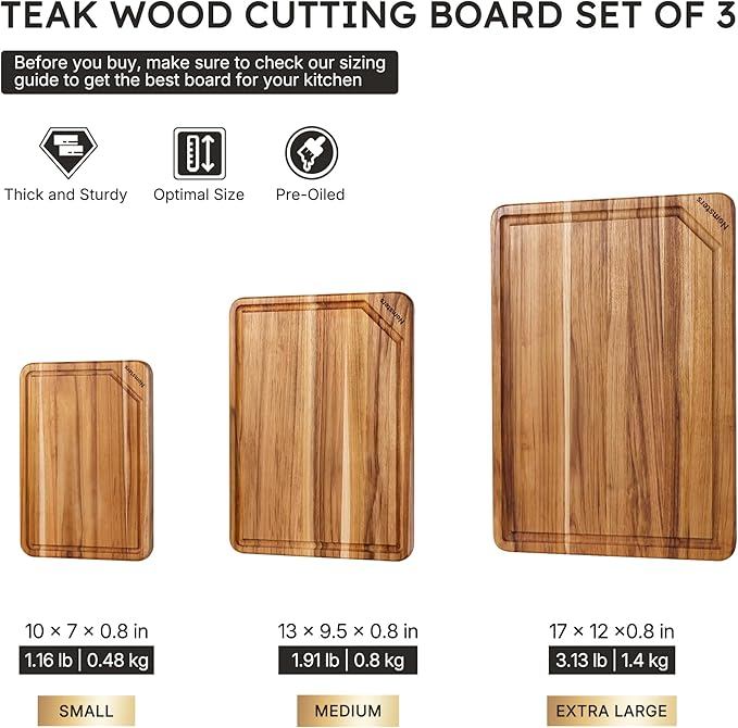 3 Pack Teak Wood Cutting Board Set for Kitchen High-End Non Toxic Non Slip Over Sink Solid Thick Wood Haus Chopping Board Extra Large Big Small Best Kitchen Essential House Warming Hostess Host Gift