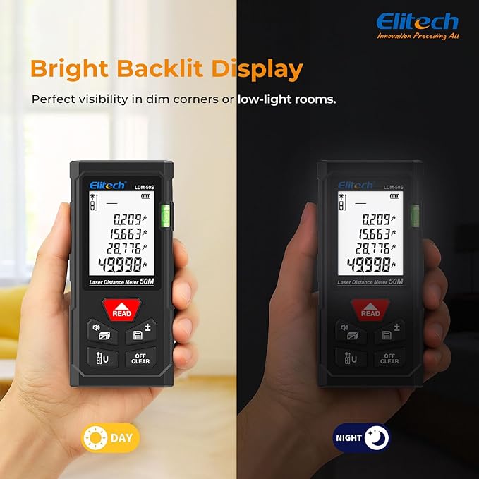 Elitech Laser Measure 165ft, Digital Laser Tape Measure for Home Decor & DIY, Handheld Distance Meter with Bubble Level, 99 Data Memory - Easier Than Metal Tape (Battery & Hand Strap Included)