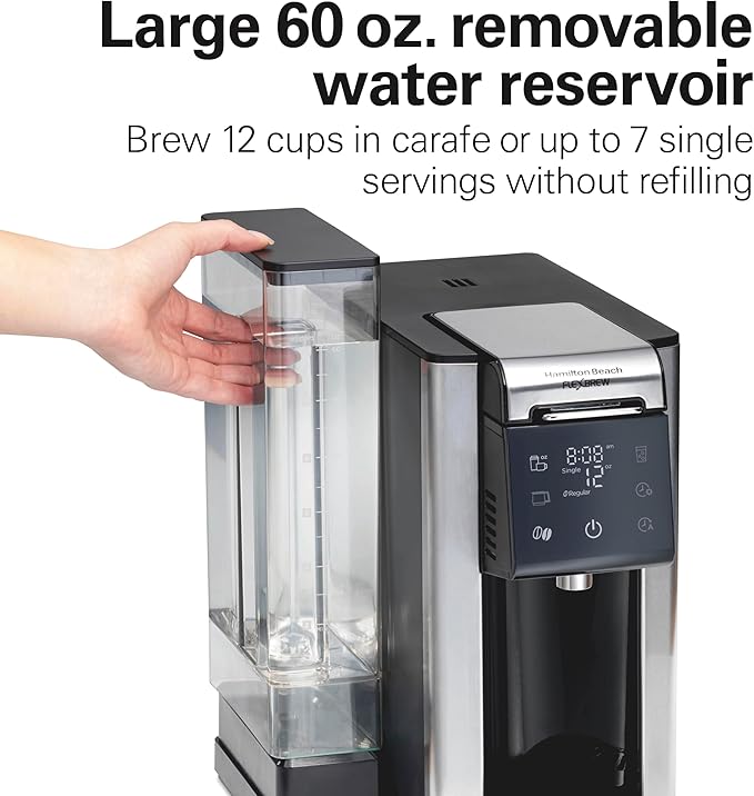 Hamilton Beach FlexBrew Advanced 5-in-1 Programmable 12 Cup Drip and Single Serve Hot & Iced Coffee Maker with Movable 60 oz. Water Reservoir, Use Pod Packs and Grounds, Fast Brewing, Black (49924)