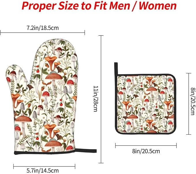 Boho Mushroom Decor Oven Mitts and Pot Holders Sets of 3 Hot Pads Cute Botanic Plant Beige Oven Gloves Heat Resistant Non Slip Washable for Kitchen Cooking Grilling Baking