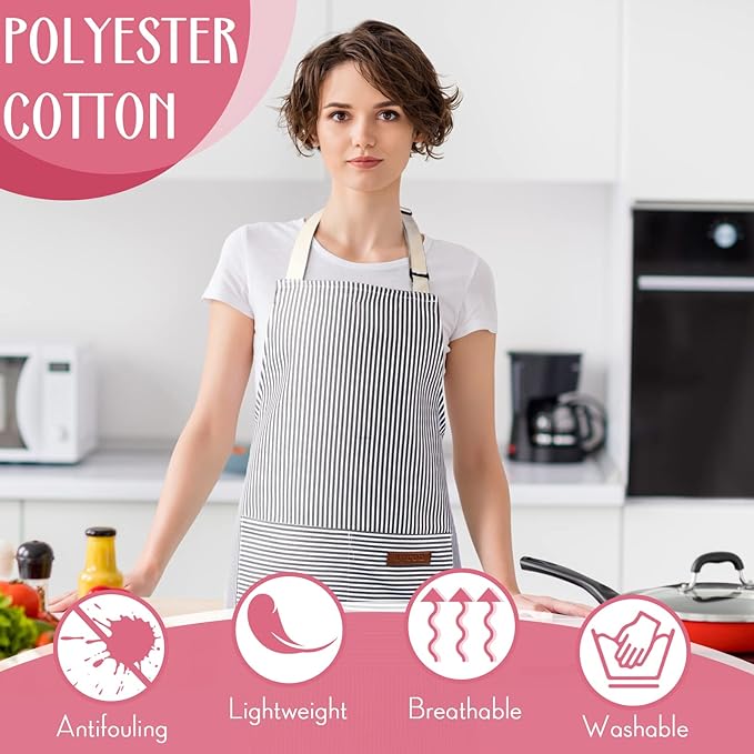 Handepo 12 Pcs Cotton Aprons for Women Men with Pockets Soft Adjustable Bib Stripe Aprons for Cooking Kitchen Chef
