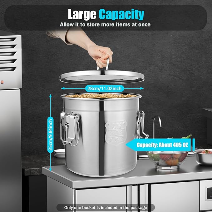 304 Stainless Steel Airtight Canister for Kitchen, 3.2Gal Canisters Container with Lids and Sturdy Locking Clamp, Bucket Food Storage Containers Airtight for Flour Coffee Bean Tea (Silver-12L)