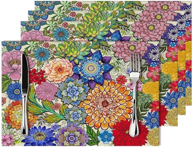 Boho Floral Linen Placemats Set of 4, 12x18 Inch Colorful Bohemian Flower Table Mats, Washable Non-Slip Heat Resistant Dining Mats for Kitchen Home Party Farmhouse, Spring Easter Festival Home Decor