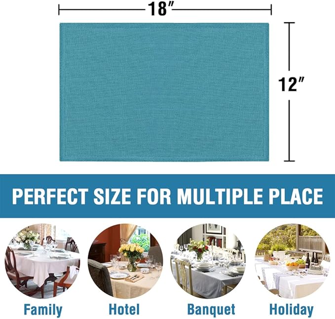 H.VERSAILTEX Linen Placemats Set of 8 Premium Solid Table Mats for Dining Table Spill-Proof Waterproof Heat-Resistant Kitchen Mats, Washable, 12x18 inches, Teal