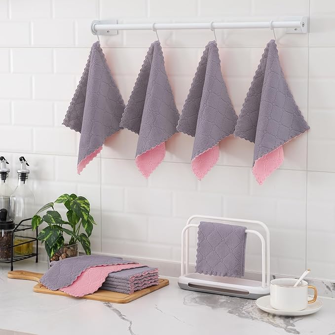 Mordimy 24 Pack Kitchen Cloths Dish Towels (10" x 10", Grey & Pink), Super Soft and Absorbent Dish Cloths, Coral Velvet Microfiber Cleaning Cloth, Nonstick Oil Fast Dry Dishcloths