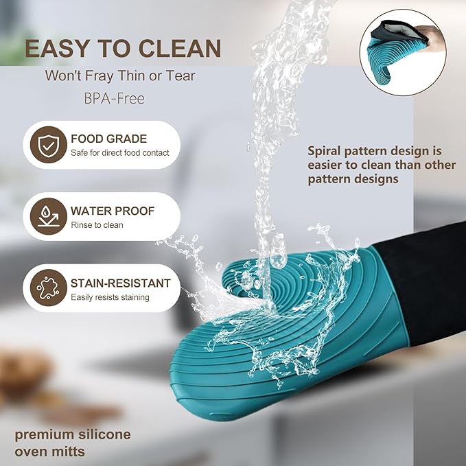 Silicone Oven Mitts-13.6 in Extended Oven Mitts Heat Resistant 500F, Oven Gloves with Soft Liner Good Grippy BPA-Free Easy to Clean Flexible-Oven Mits Set for Cooking Baking Grilling BBQ