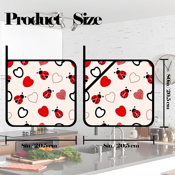 Ladybug and Heart Pot Holders 2 PCS,Kitchen Heat Resistant Hot Pads for Cooking Grilling Baking BBQ, Pot Holders for Women Cook Home Microwave