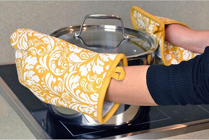 DII Quilted Kitchen Oven Mitt & Potholder Set, Hanging Loop for Convenient Storage, OM 6.5x12/PH 8x8.5, Mustard Damask Print, 2 Piece