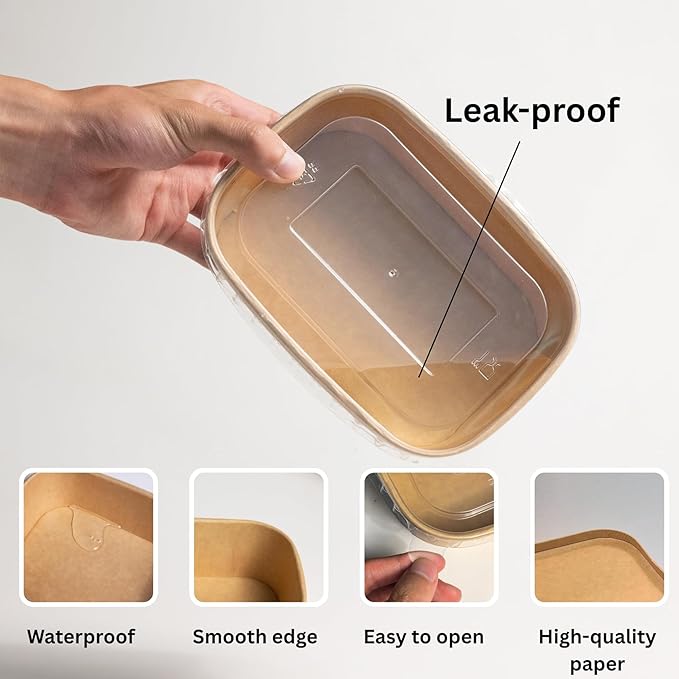 25oz Disposable Bowls with Lids, 50 Sets Large Kraft Square Paper Salad Bowls, Disposable Meal Prep Food Containers w/Lid, Microwave Serving Bowls Spillproof for Party Lunch Order Takeout